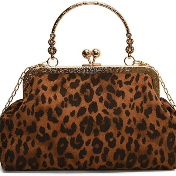 Other - Small Leopard Suede Evening Clutch Purse with Chain Cheetah Print Kiss Lock Even